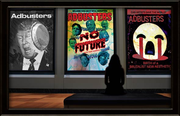 woman admiring Adbusters covers