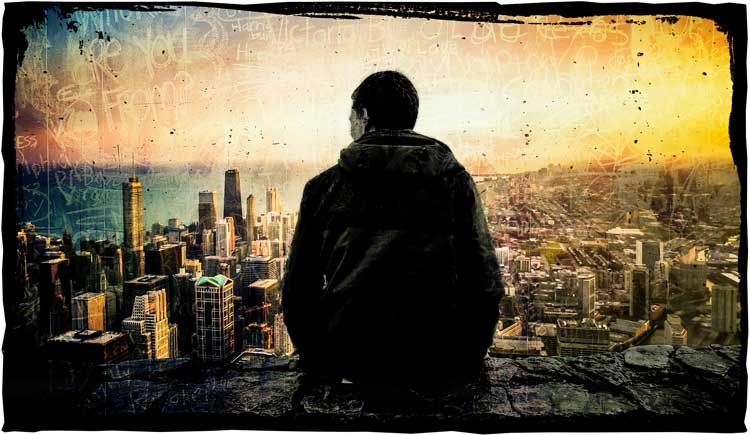 man looking at city