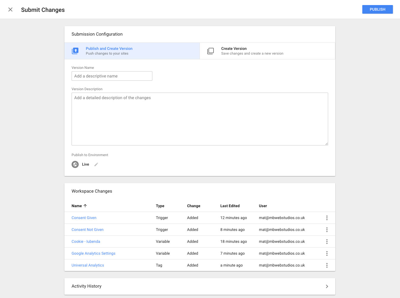 Publish changes in Google Tag Manager