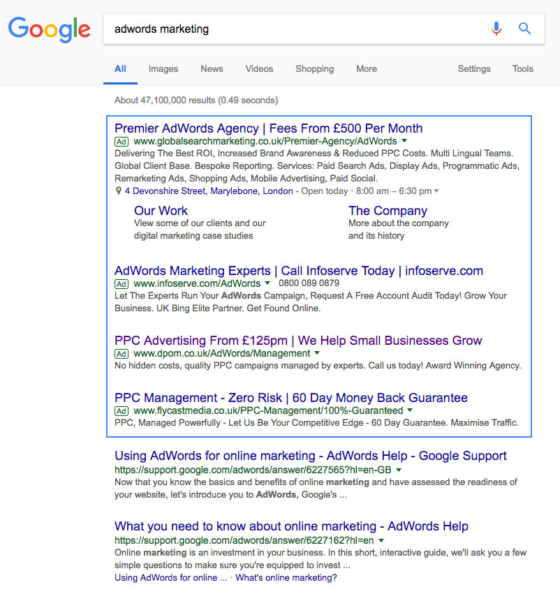 Google AdWords search results
