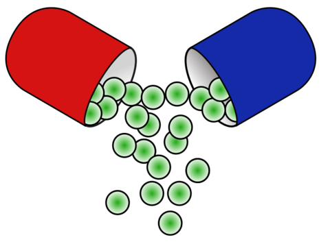 red and blue pill opening up and spilling green circles - AnimalBiome