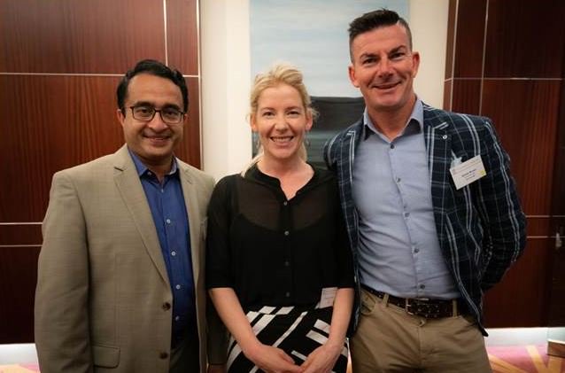 Binu Paul (Finnotec) with winner of the Xero startup pitch Kristen Lunn (hatch) and James Brown (FinTech NZ).