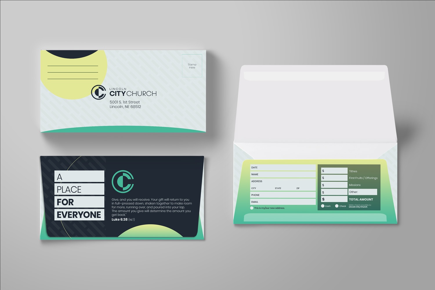 church branding offering envelopes with church logo design ideas, examples