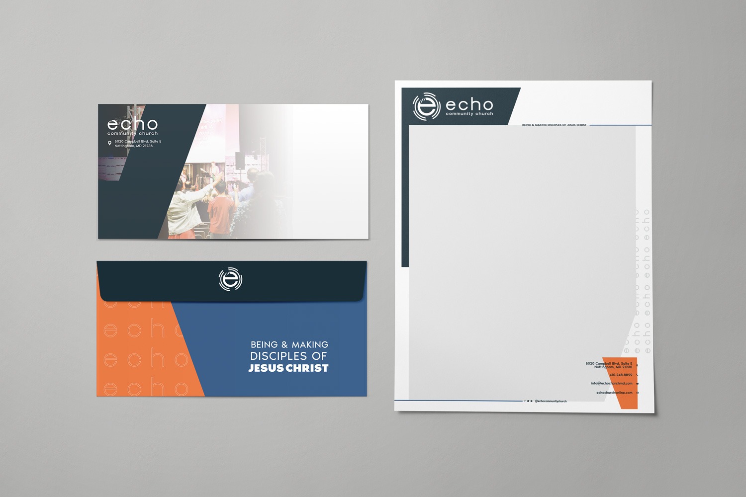 Church branding letterhead and envelope sets for Echo Community Church by Abstract Union