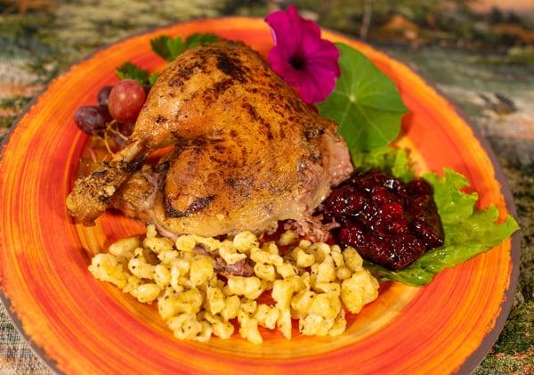 All Natural Roast Duck with Spaetzle Noodles and Fruit Chutney.