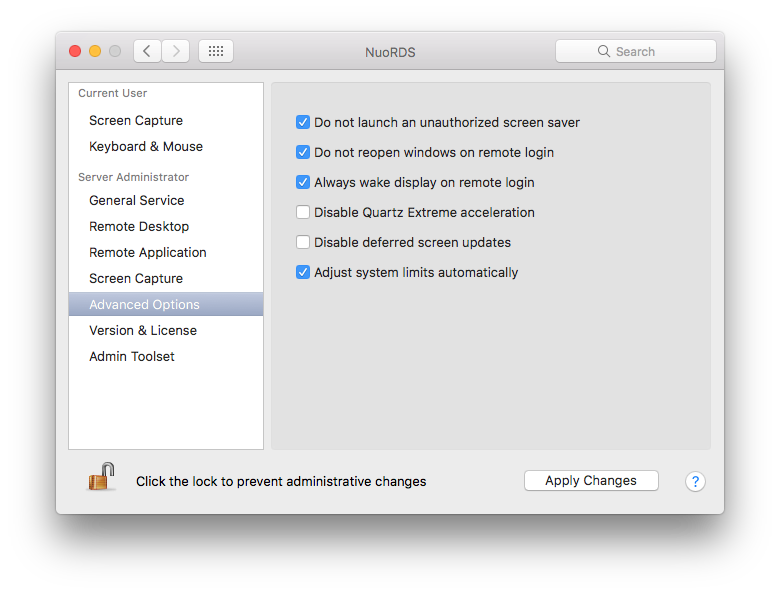 Advanced Options settings