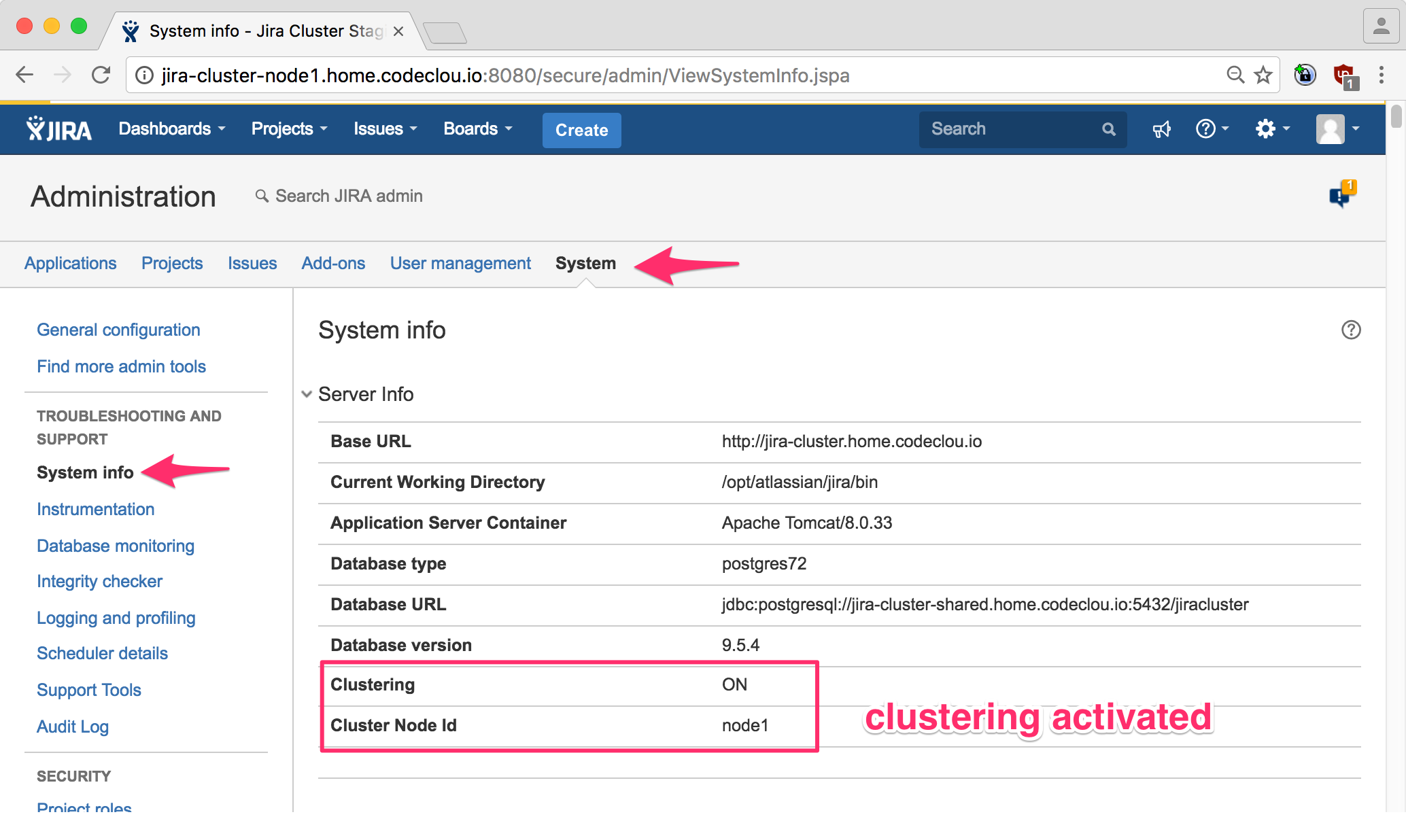 Clustering is show active in System Info