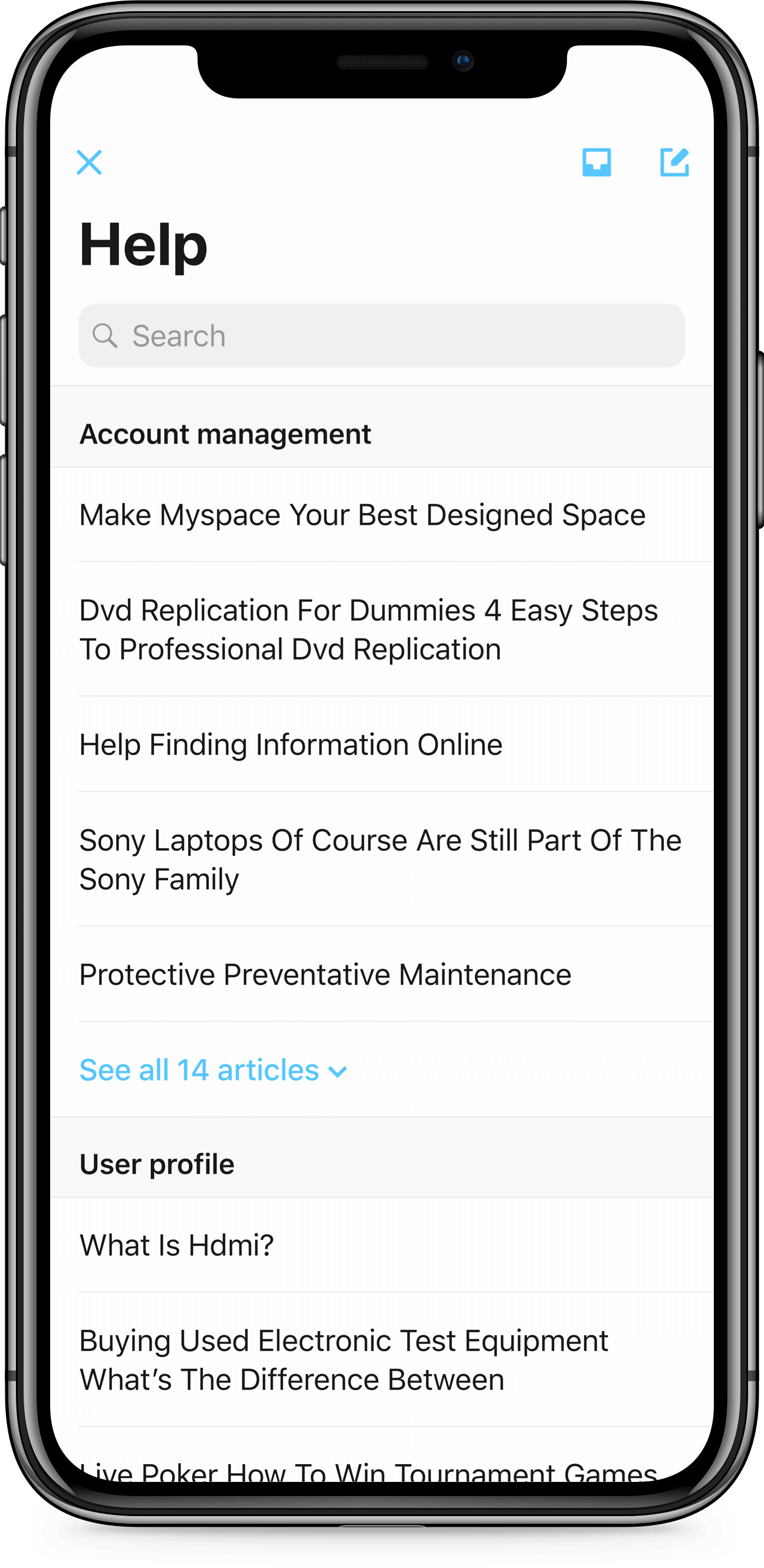 iPhone X screen of Zendesk SDK Help Center index