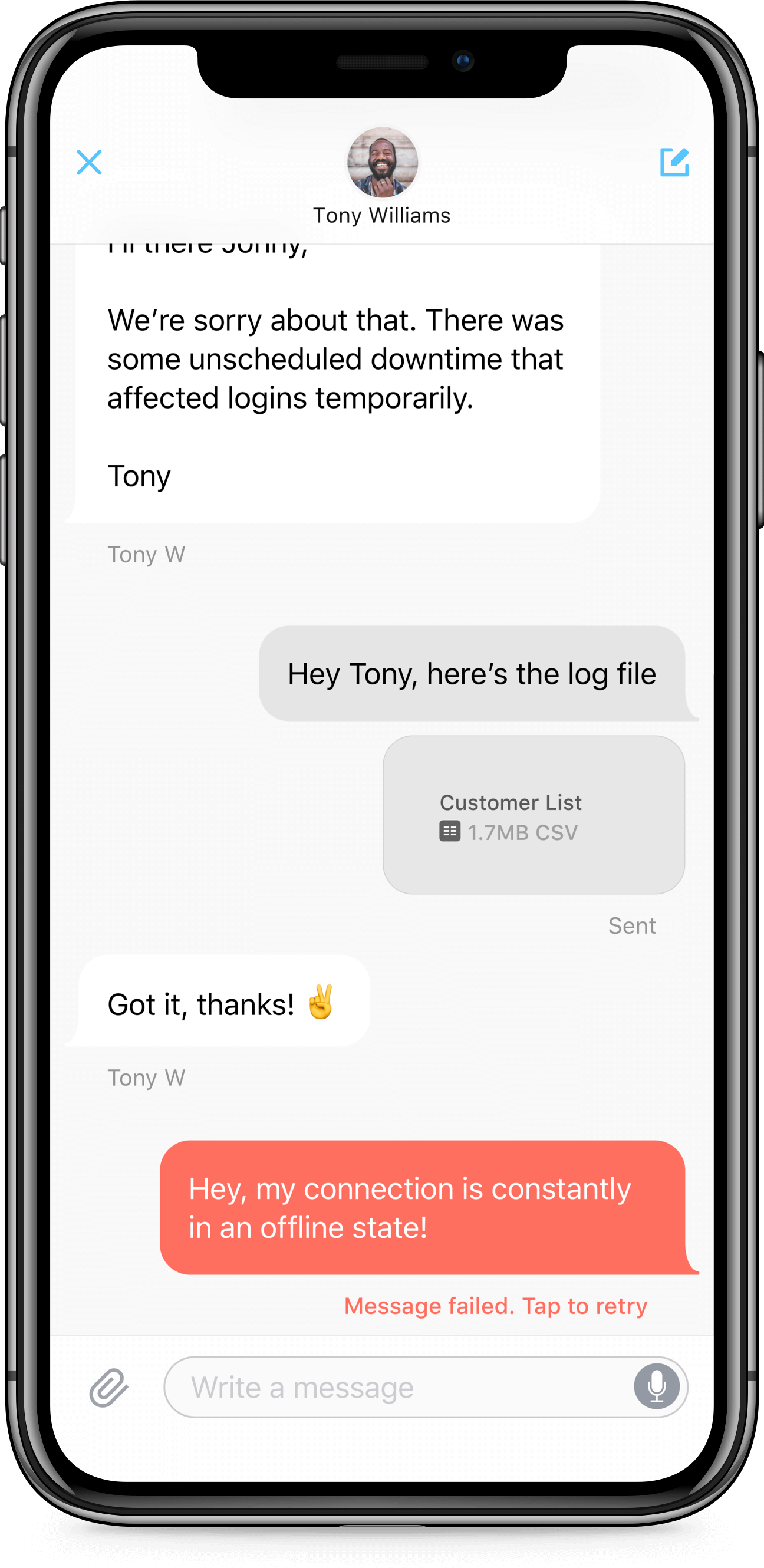 iPhone X screen of Zendesk SDK conversation with error state