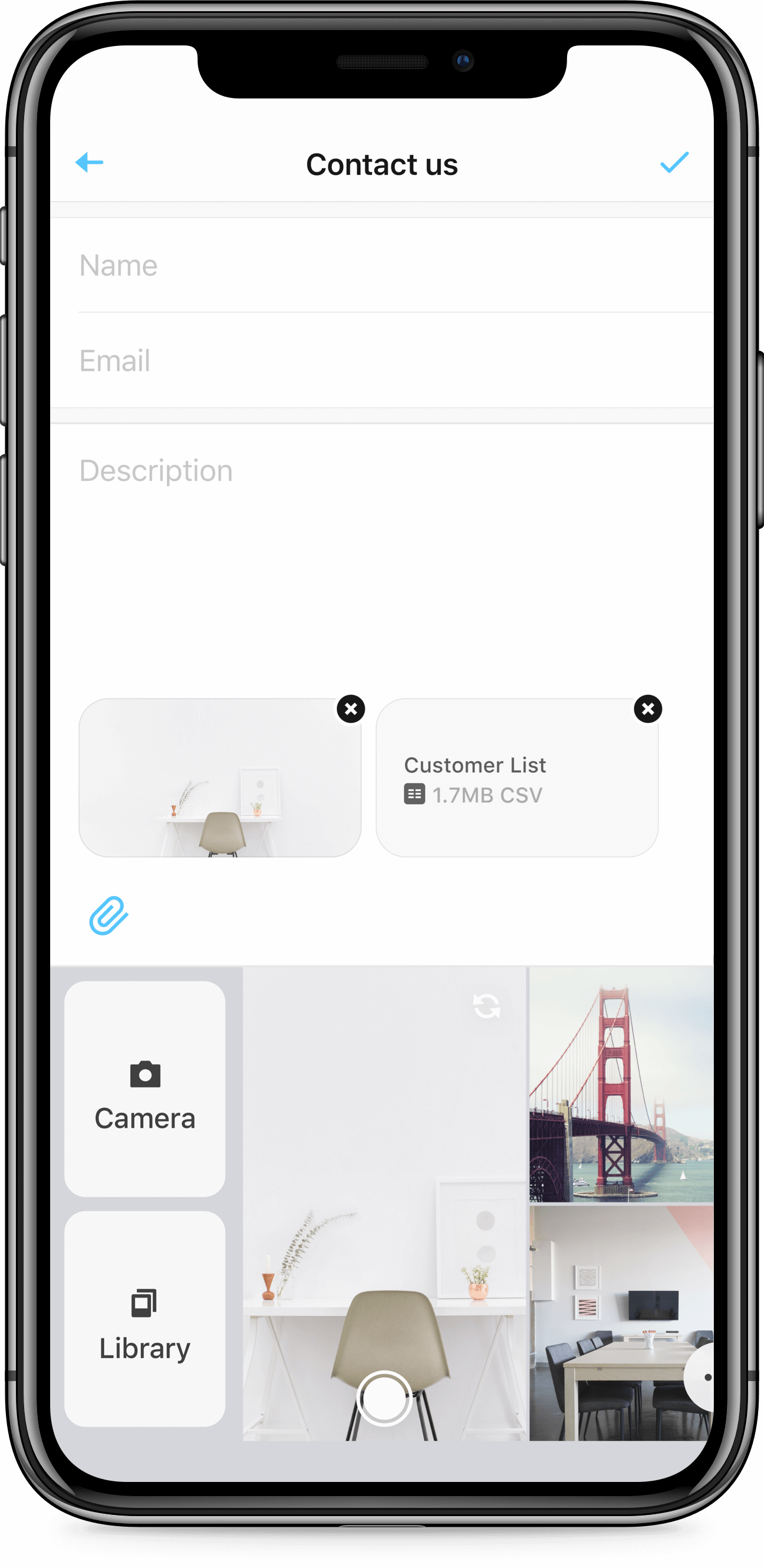 iPhone X screen of Zendesk SDK attachment picker