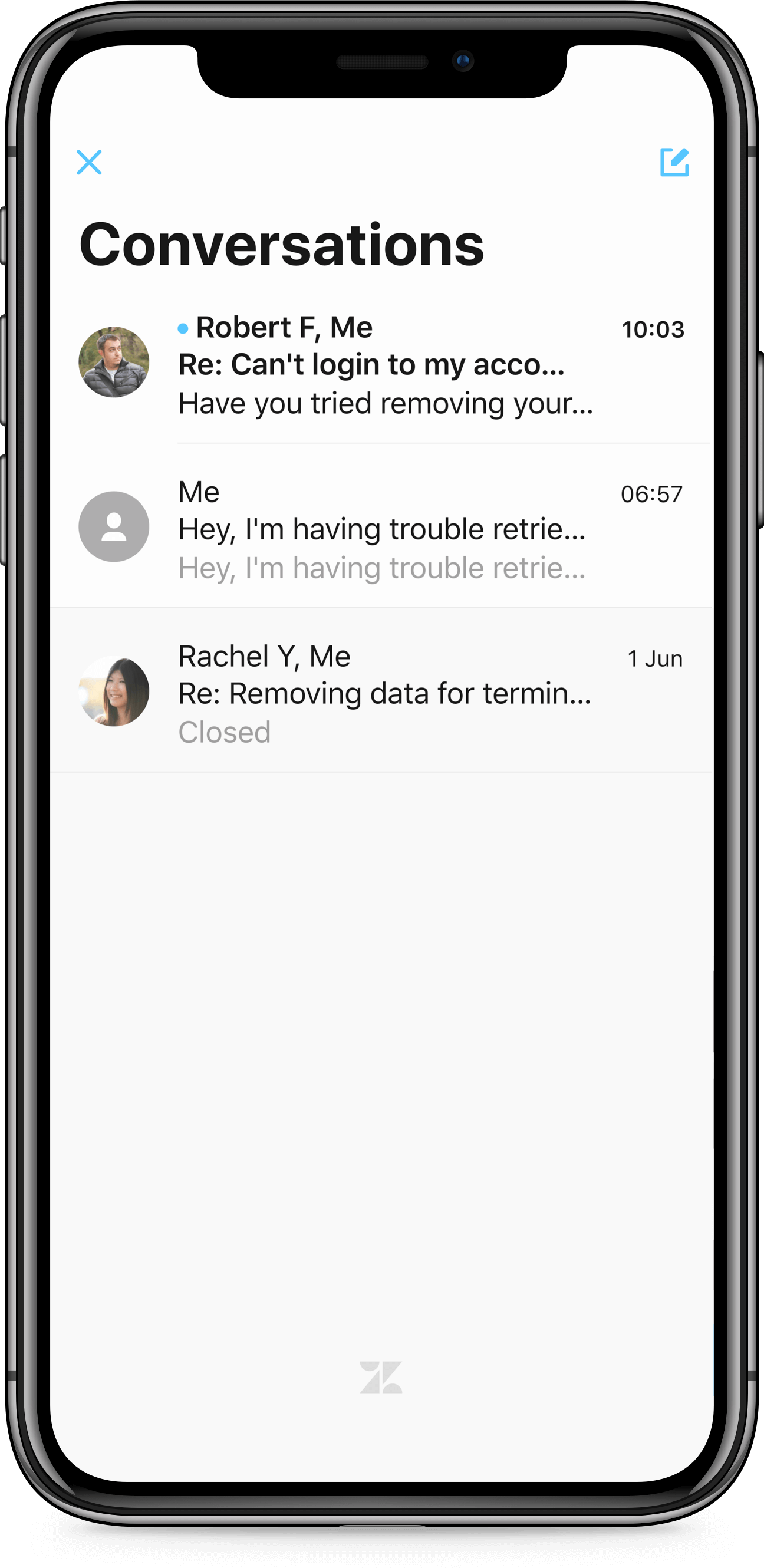 iPhone X screen of Zendesk SDK Conversations list