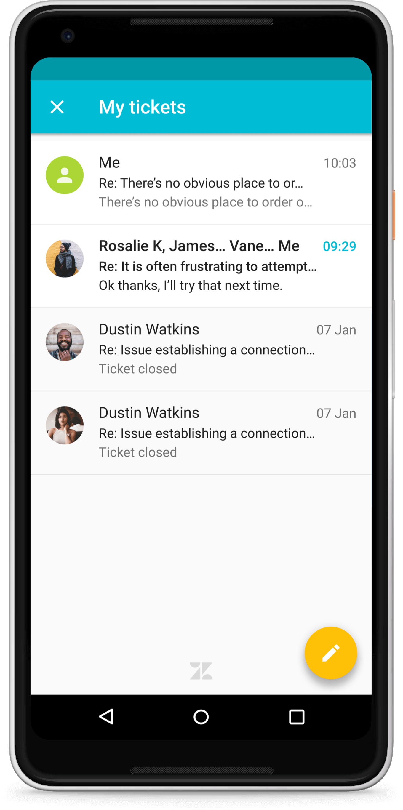 Zendesk Mobile SDK for Android. Material design open ticket list screen.