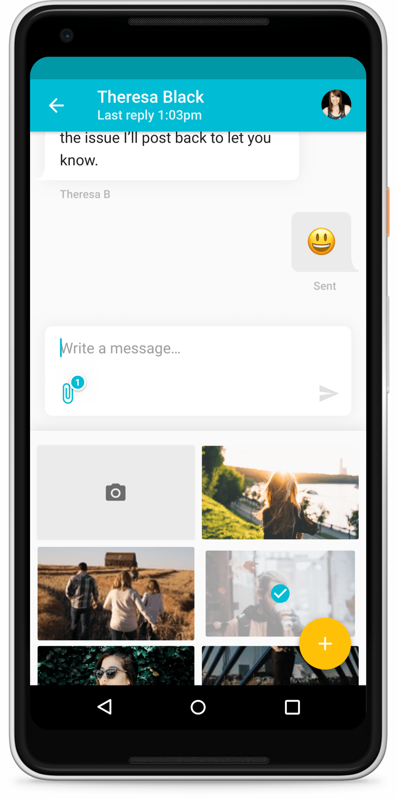Zendesk Mobile SDK for Android. Material design conversation screen with text input and photo attachment section