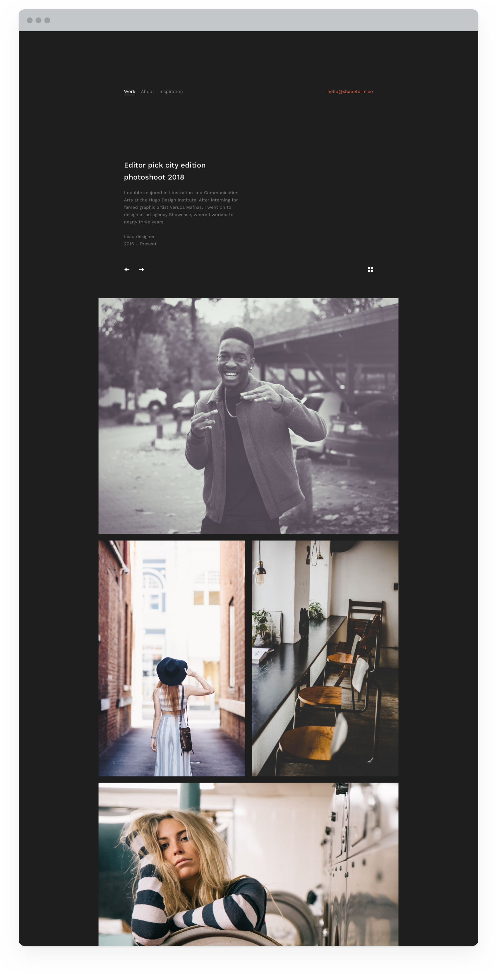 Shapeform Theme. website design of theme for designers, photographers and content creators. Project case study page, dark theme.