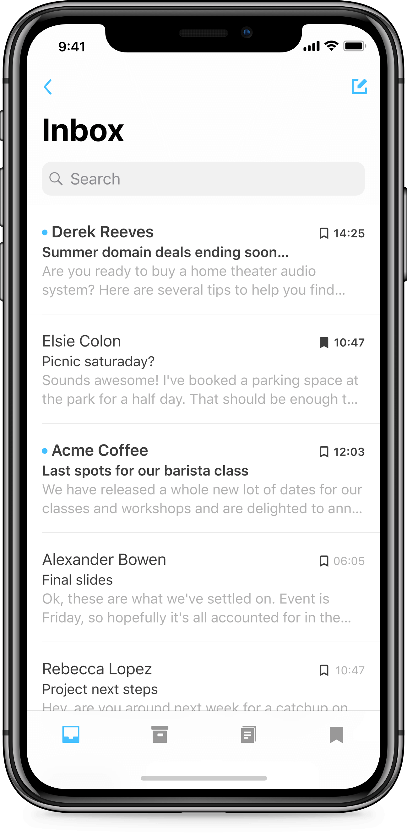 iPhone X app design of Mail Simple email client for iOS. Native inbox list of emails and tab bar.