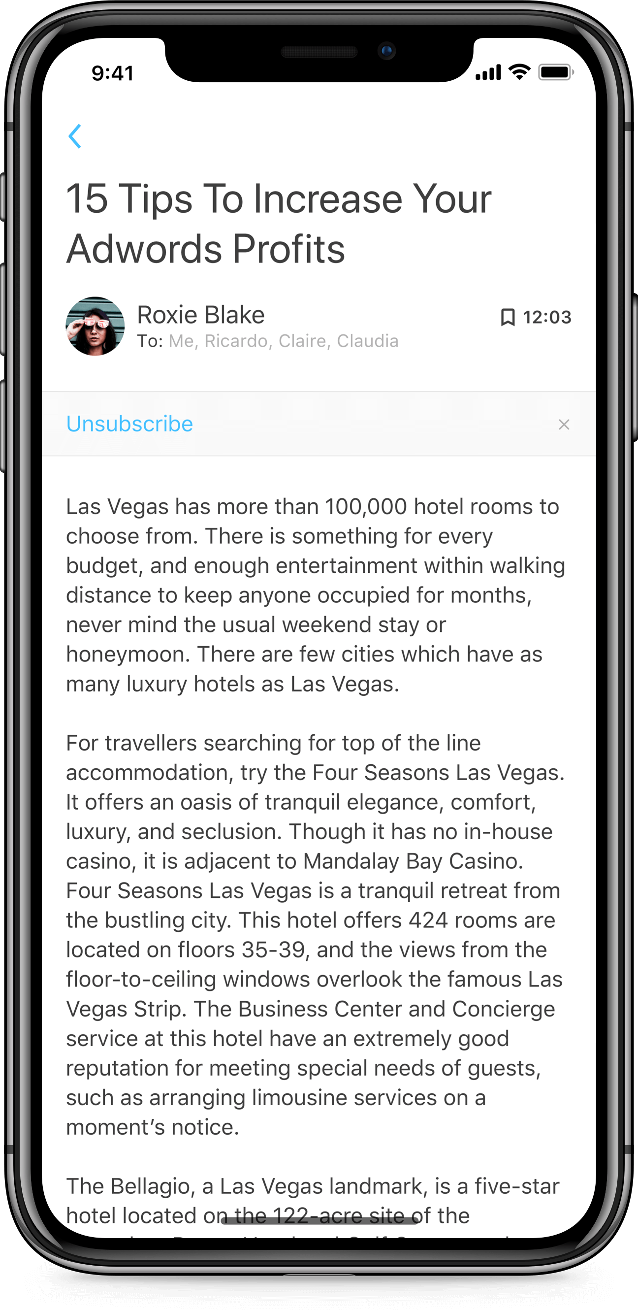 iPhone X app design of Mail Simple email client for iOS. Full email screen view.