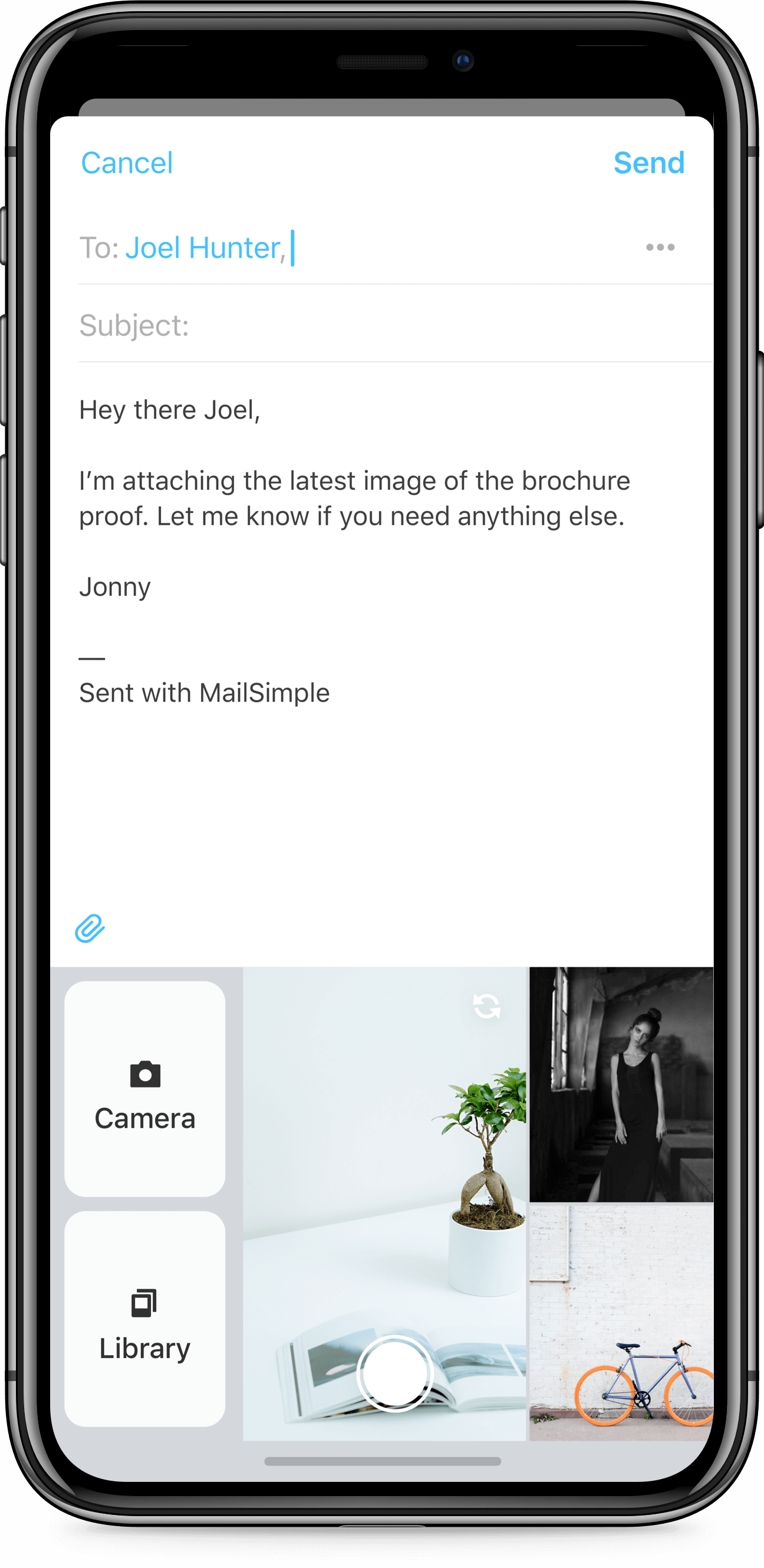 iPhone X app design of Mail Simple email client for iOS. Email composition with custom photo attachment keyboard