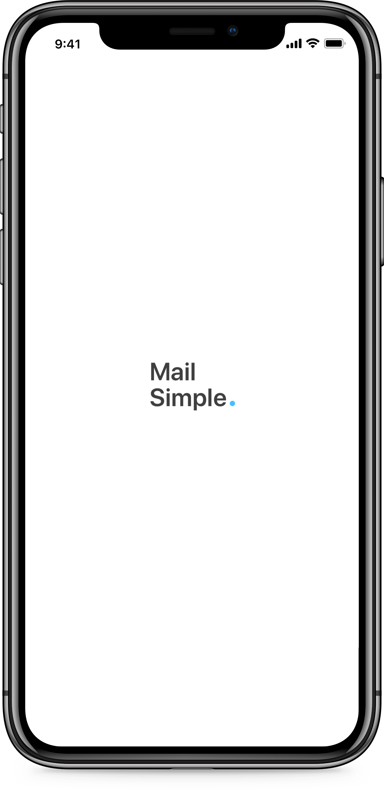 iPhone X app design of Mail Simple email client for iOS. Splash screen with logo