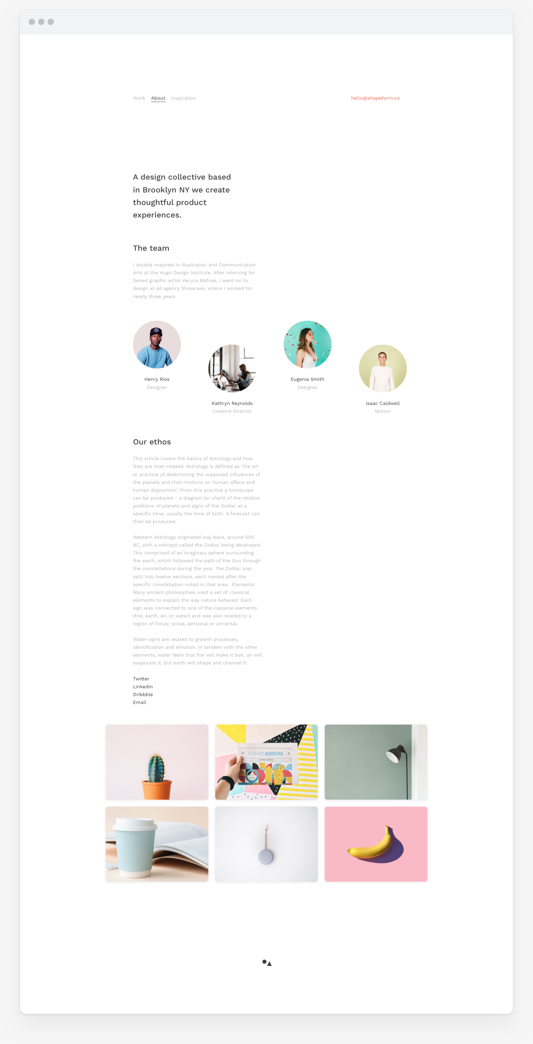 Shapeform Theme. website design of theme for designers, photographers and content creators. Team or studio about page.