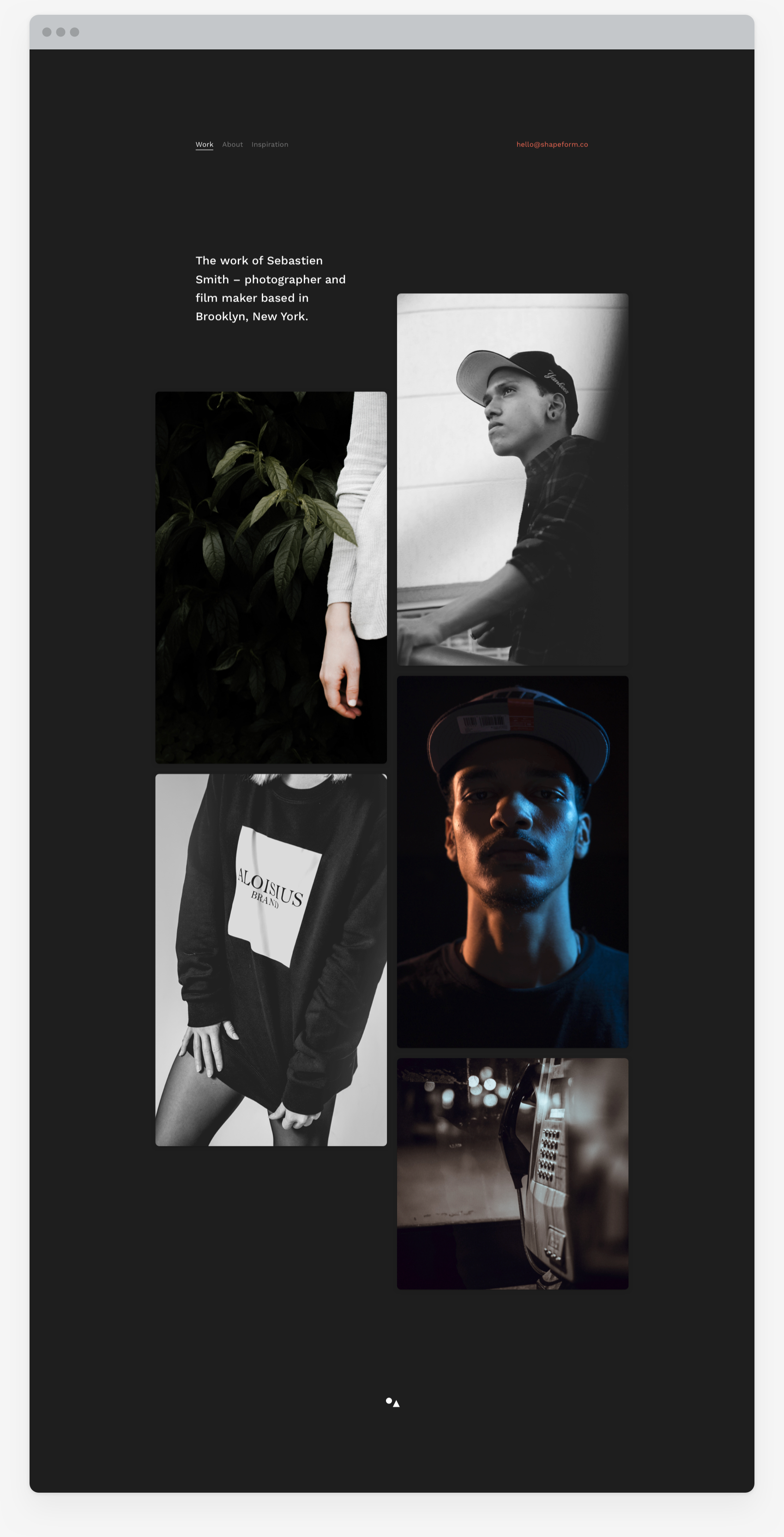 Shapeform Theme. website design of theme for designers, photographers and content creators. Project index page, dark theme.