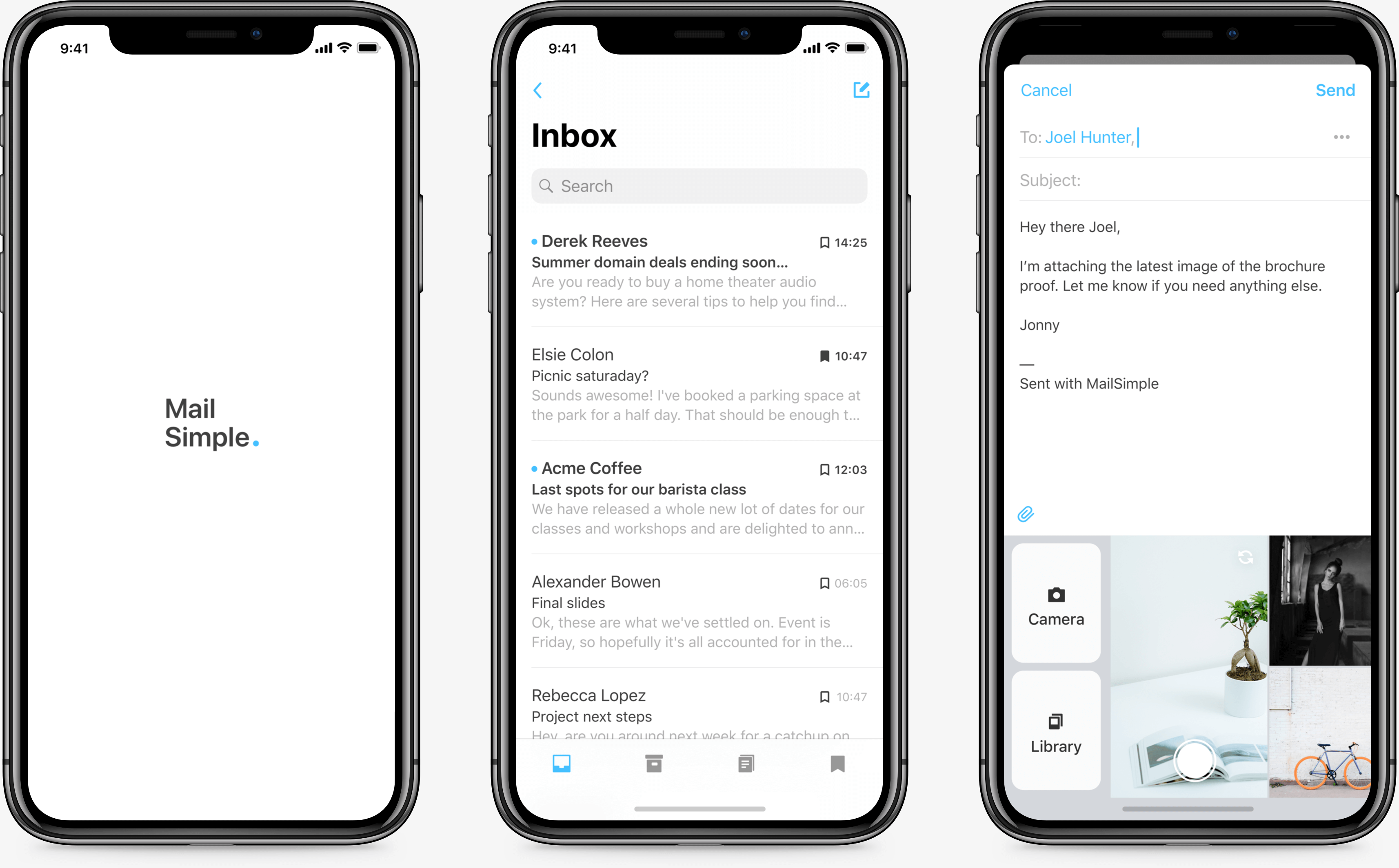 iPhone screens of Mail Simple email client for iOS