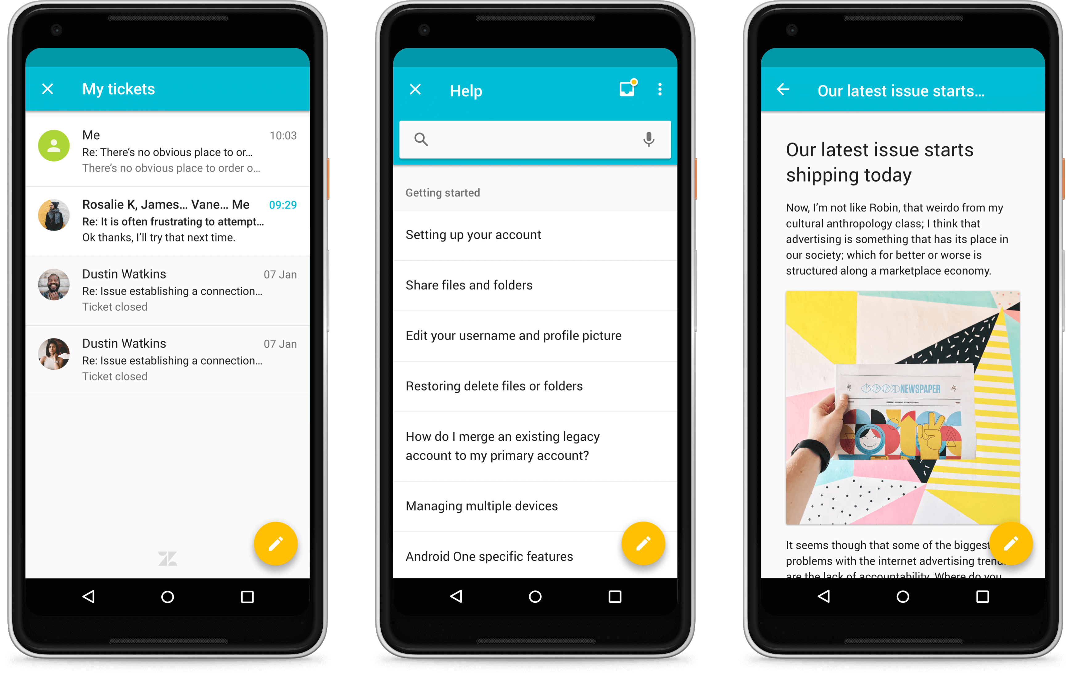 Android screens of Zendesk SDK design