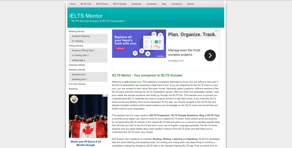 Screenshot of website homepage of ielts-mentor.com