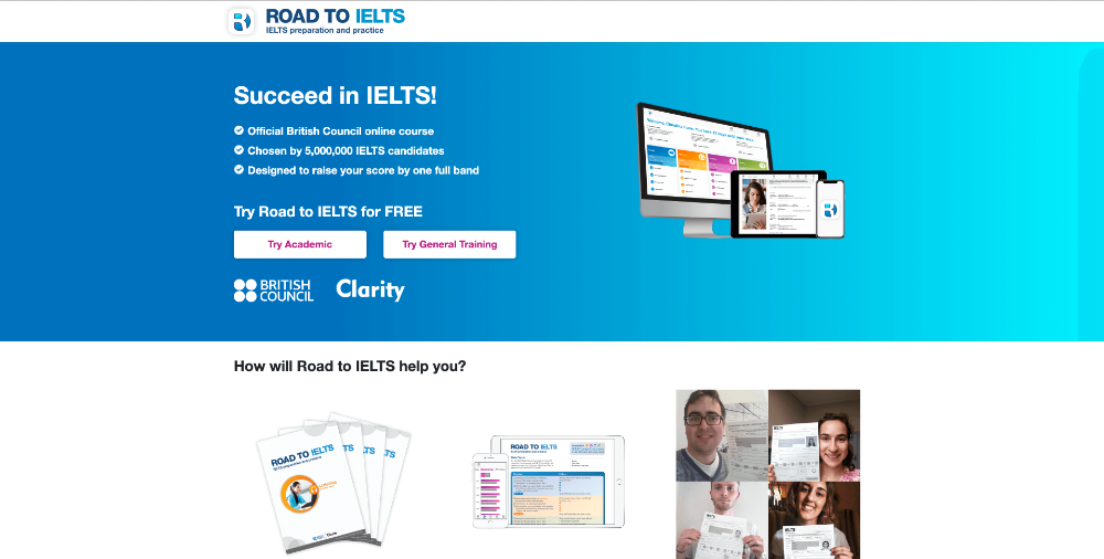 Screenshot of website homepage of roadtoielts.com