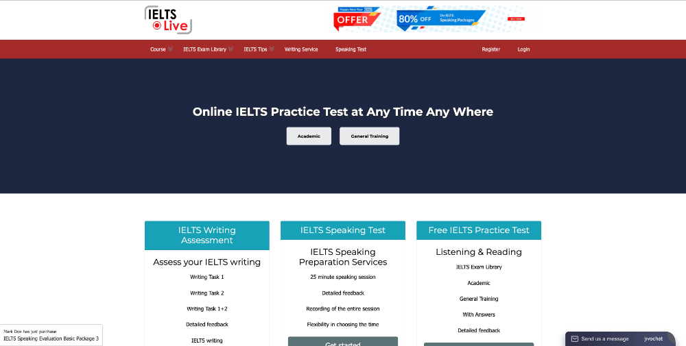 Screenshot of website homepage of ielts.live