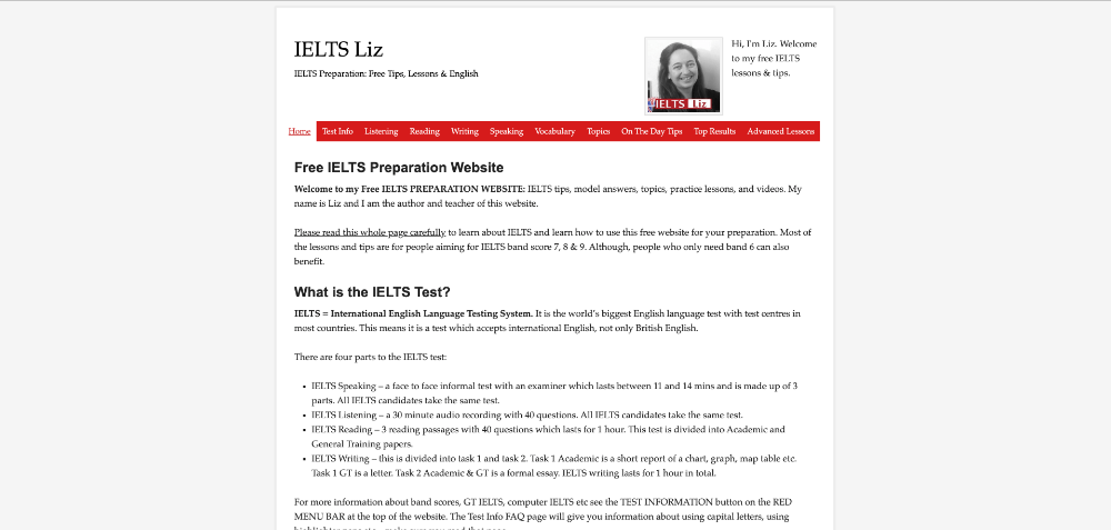 Screenshot of website homepage of ieltsliz.com