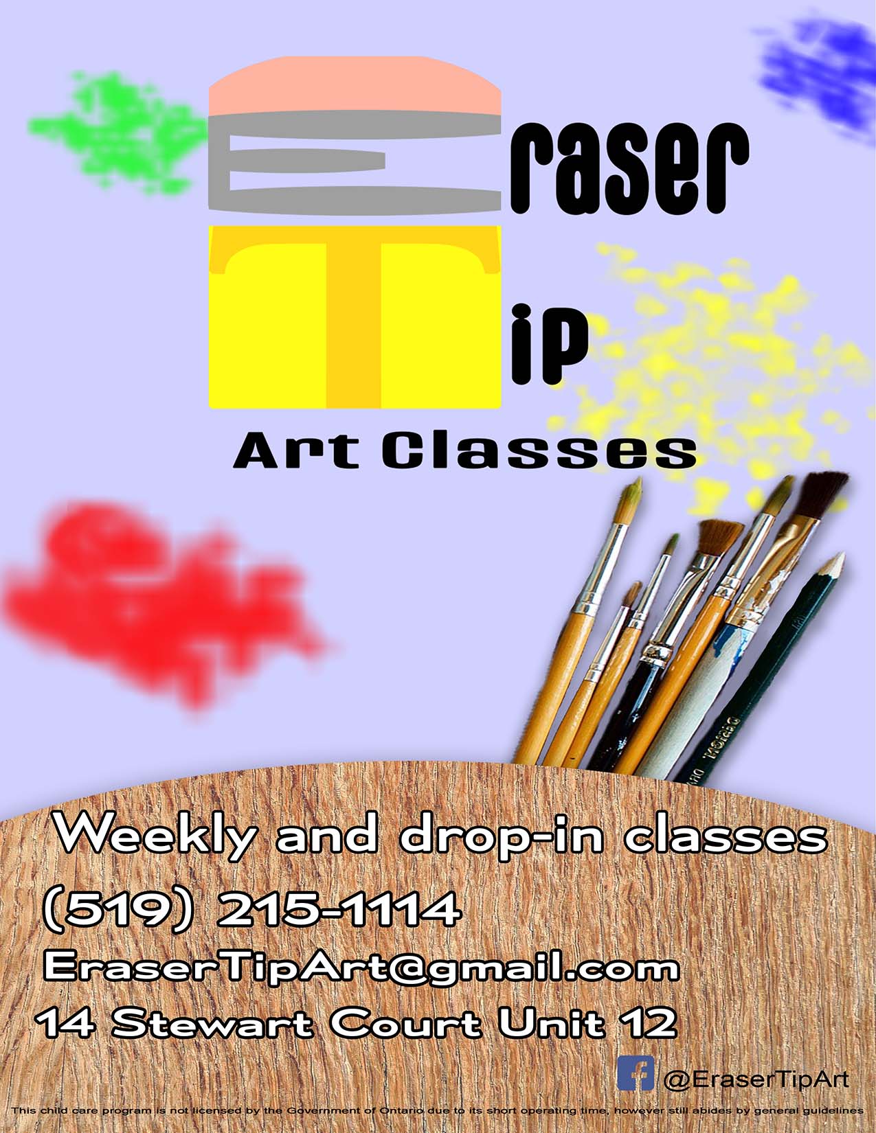 Eraser Tip Art Classes Poster - Paint splotches and paint brushes with information about available classes