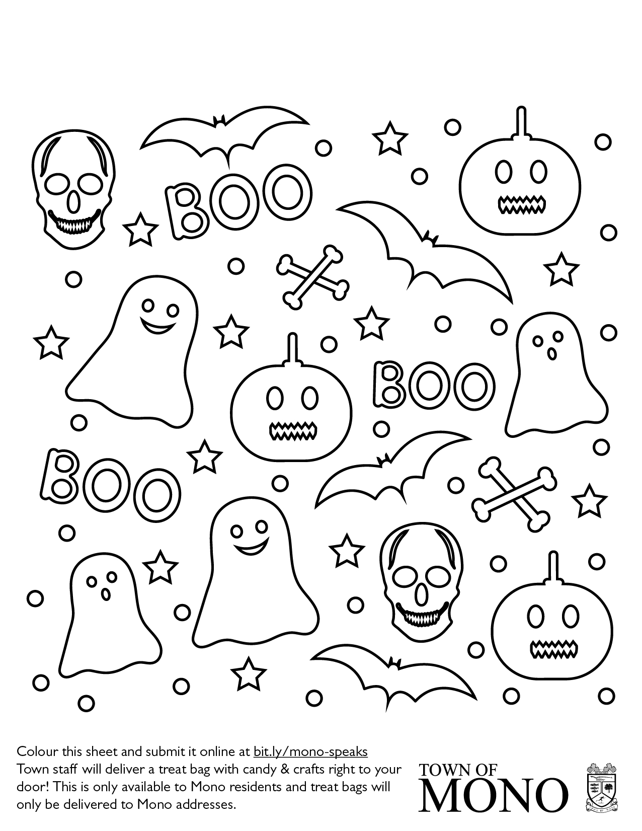 Colouring sheet: ghosts, pumpkins, skulls, etc.