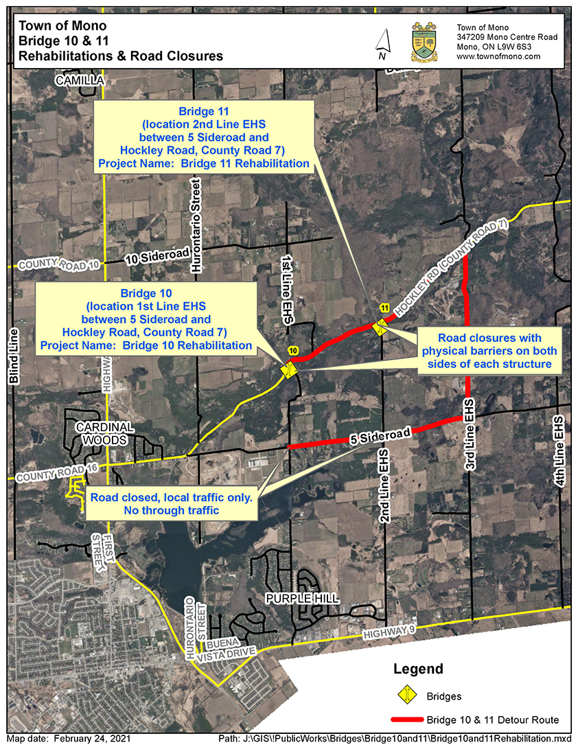 Map of the Bridge 10 & 11 Rehabilitation Location and Associated Road Closures