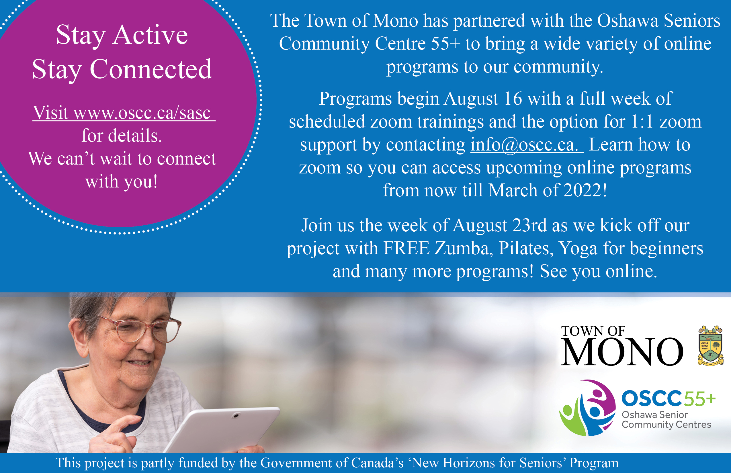 Oshawa Senior Community Centre and Town of Mono online senior summer program promotional image. Contains text reproduced in post.