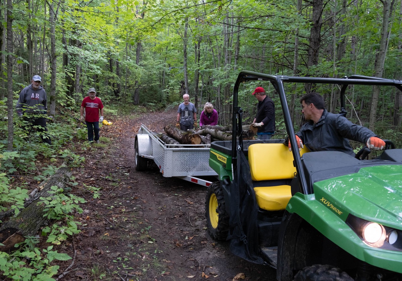 Volunteers loading up fallen ash trees into a trailer