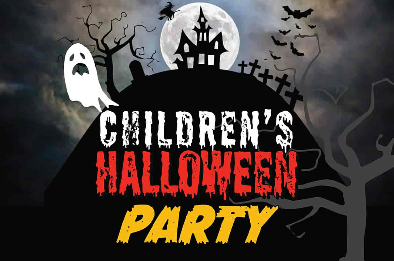 Text: Children's Halloween Party with Halloween-themed graphics (ghost, witch, bats, tombstones, and so on)