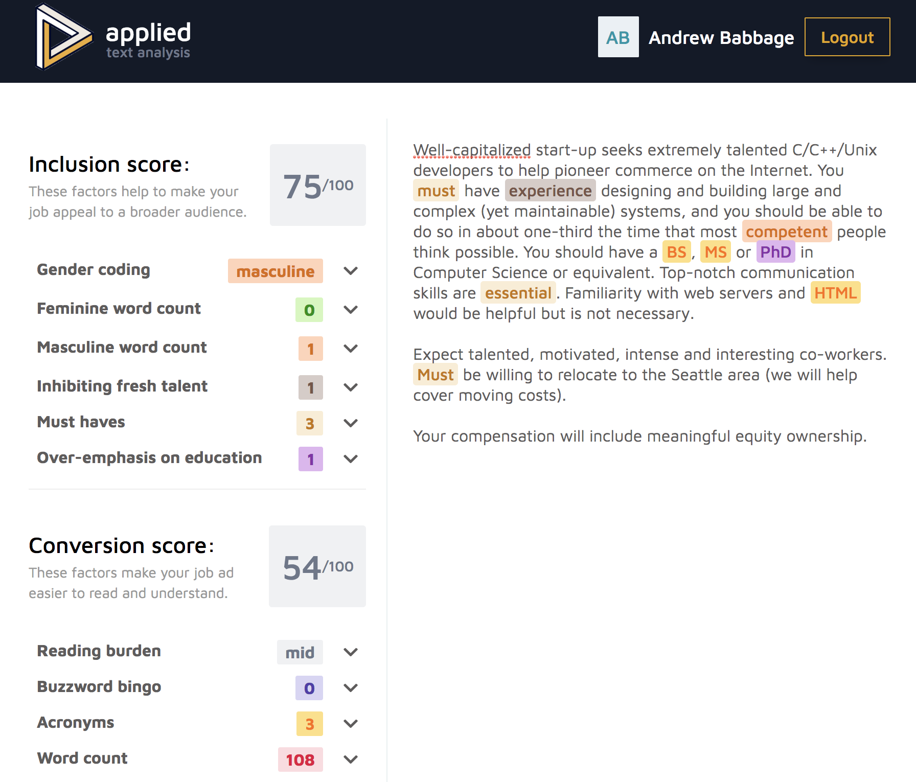 Amazon's Job advert scores a 75/100 inclusion and 54/100 conversion score