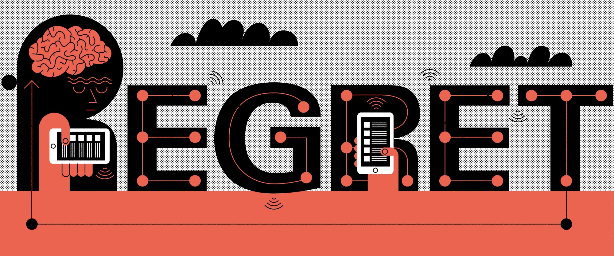 An illustration by John Devolle that says 'Regret' with a human on a mobile device