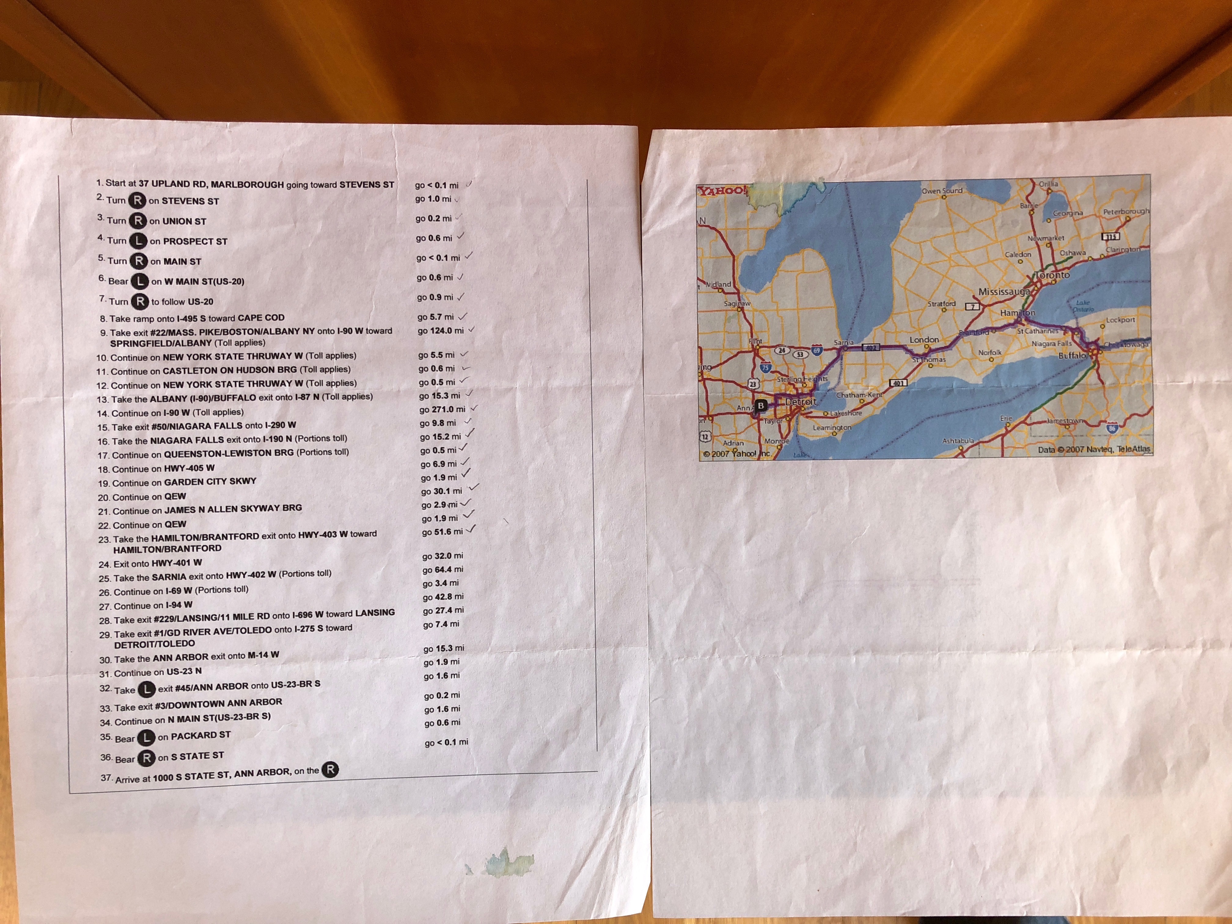 A printout of MapQuest directions showing 37 steps and a tiny, illegible map