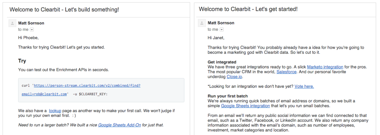 An example of Clearbit personalizing its onboarding emails to increase product adoption