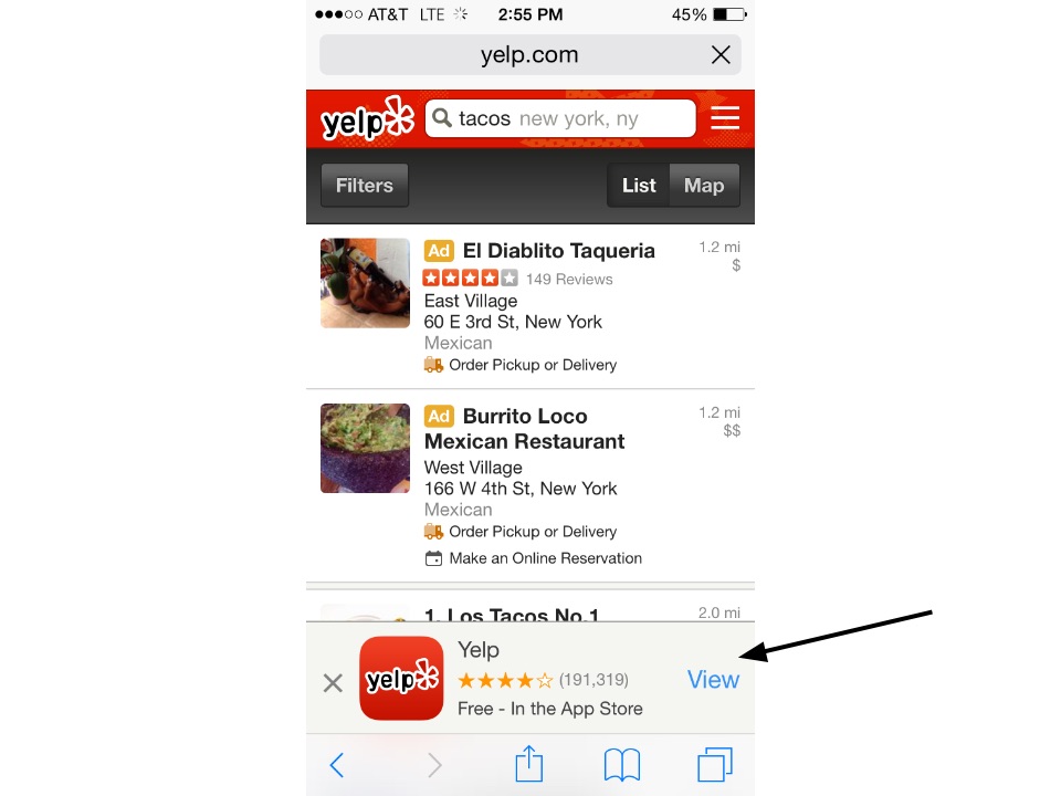Yelp device detection app promotion