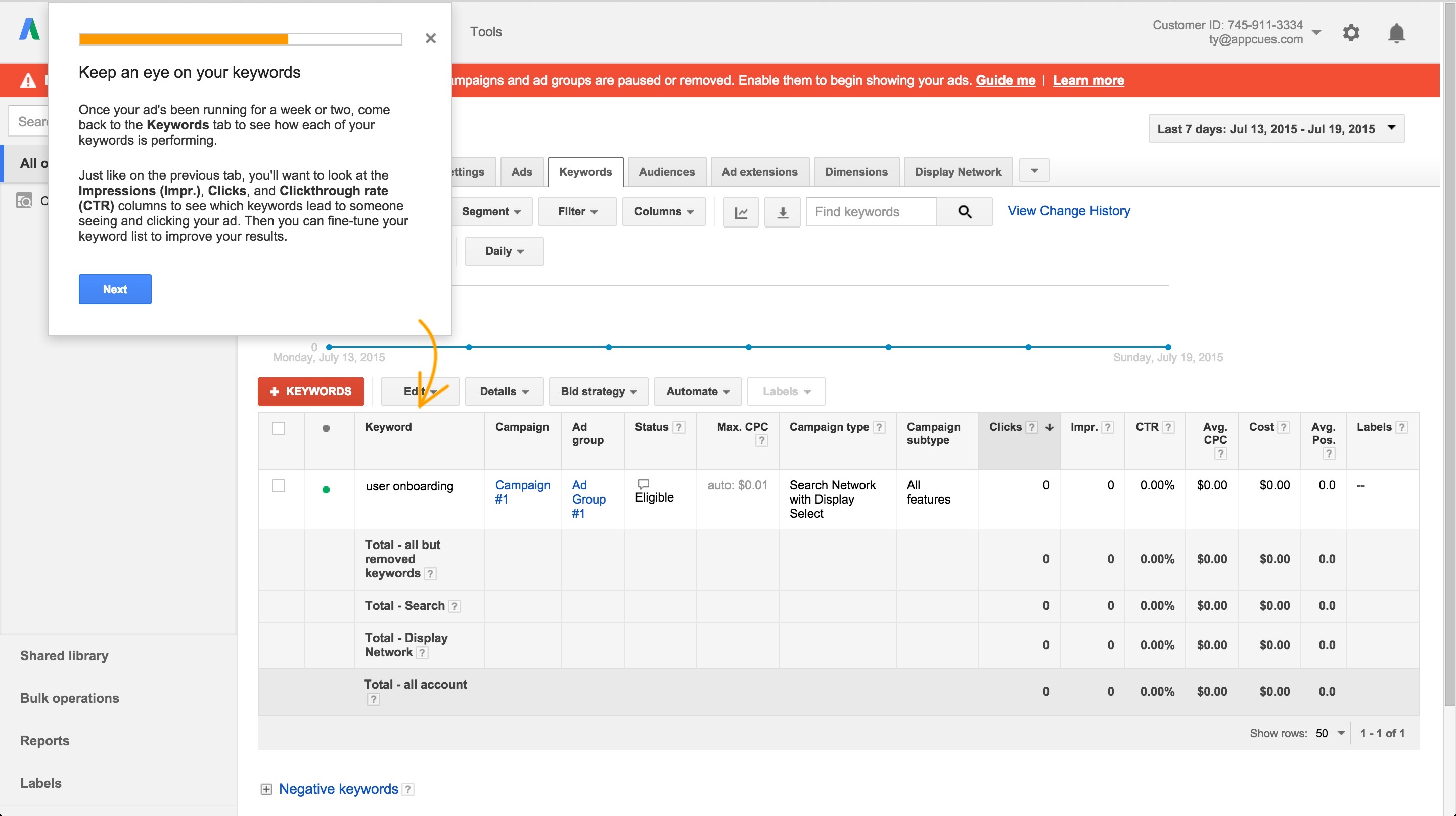 Adwords onboarding tour step 10