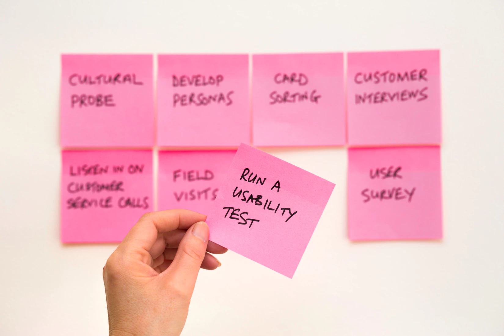 A product manager sorting out tasks on a whiteboard with post-it notes.