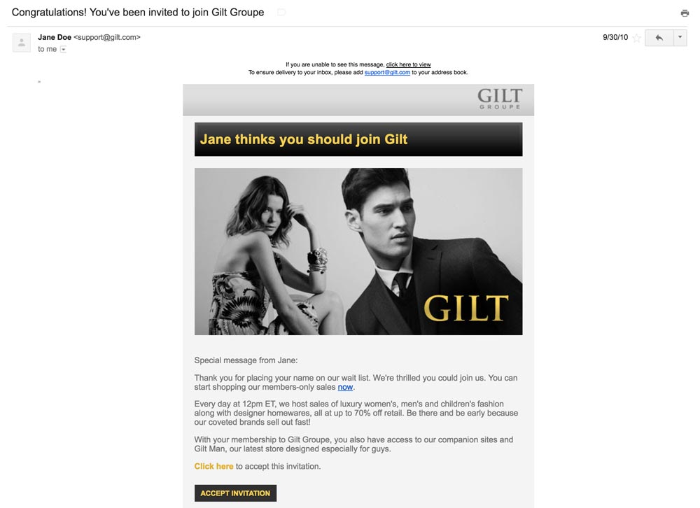 gilt city waitlist email invitation