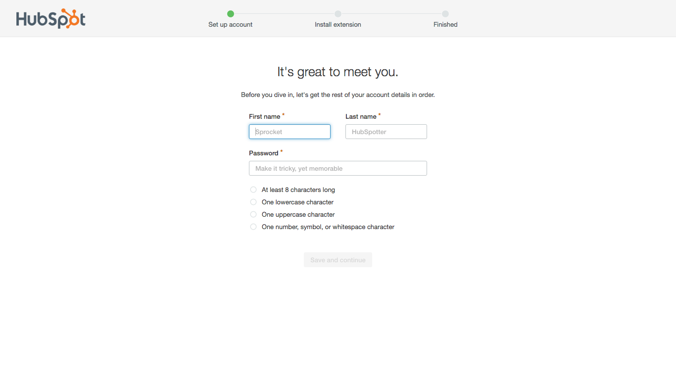 HubSpot user onboarding new user profile