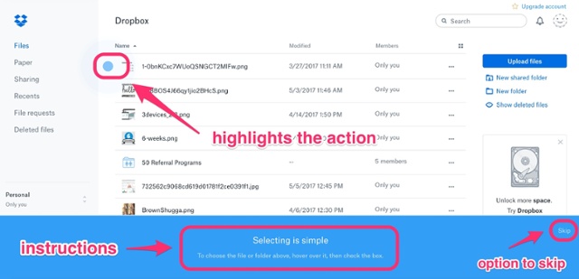Tooltips and hotspots highlight relevant actions