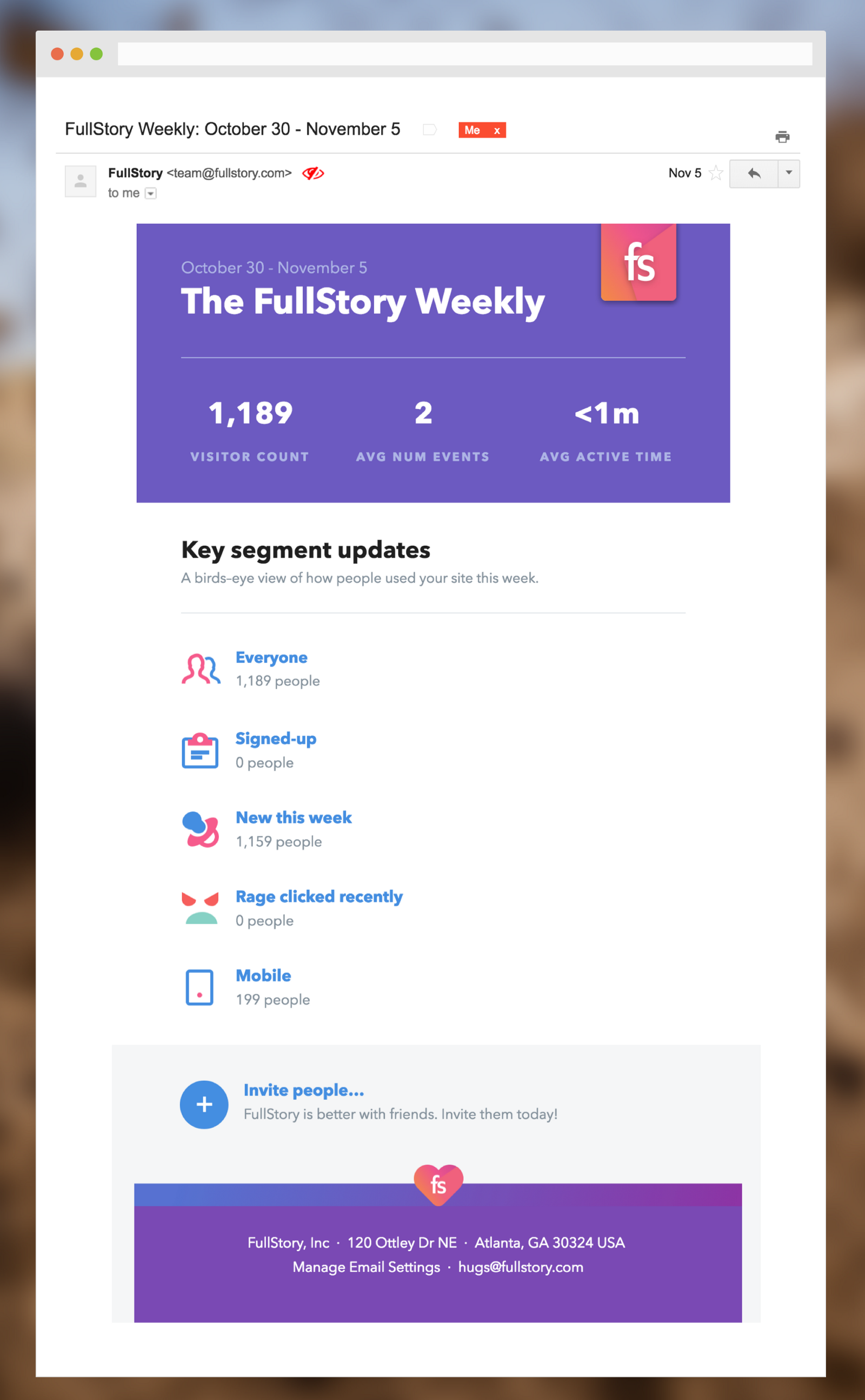 FullStory's weekly custom reports email