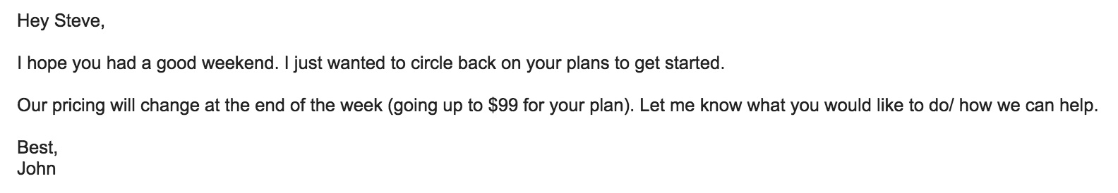 Pricing increase follow-up email sample for sales