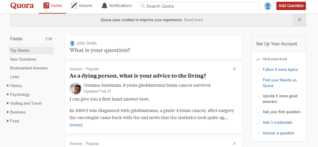 A screenshot of Quora's partially-completed checklist
