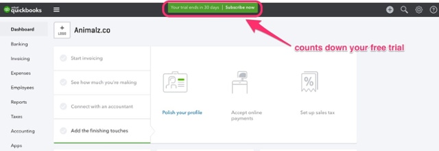 Quickbooks counts down free trials with a top bar CTA